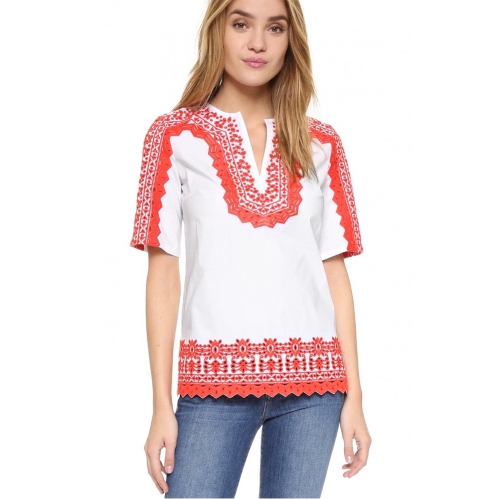 Tory Burch White Isla Tunic Blouse Short Sleeve Embroidery eyelet Trim